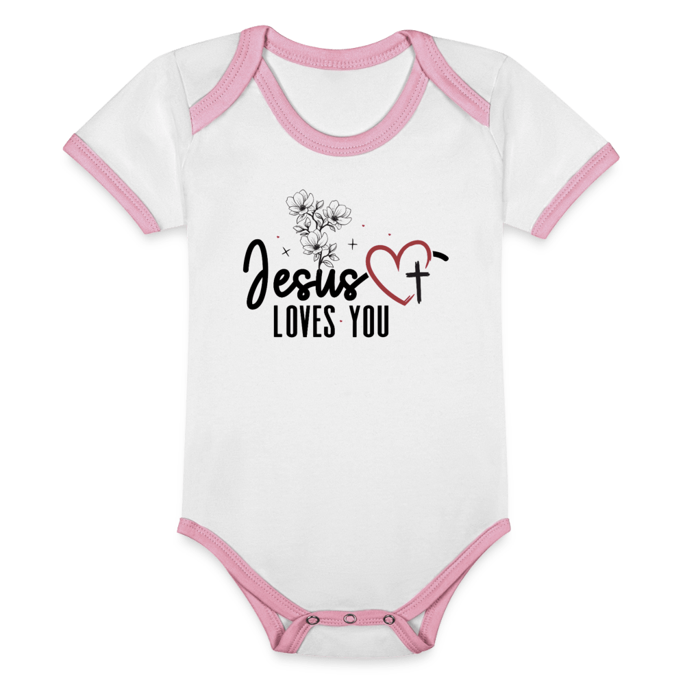 He Loves you Christian Organic Contrast Short Sleeve Baby Jumpsuit - ClaimedbyGodDesigns