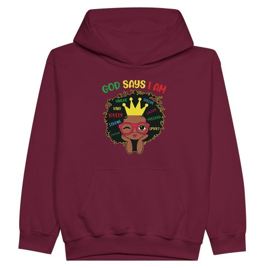He Says I Am Christian Youth Midweight Fleece Youth Hooded Sweatshirt - ClaimedbyGodDesigns