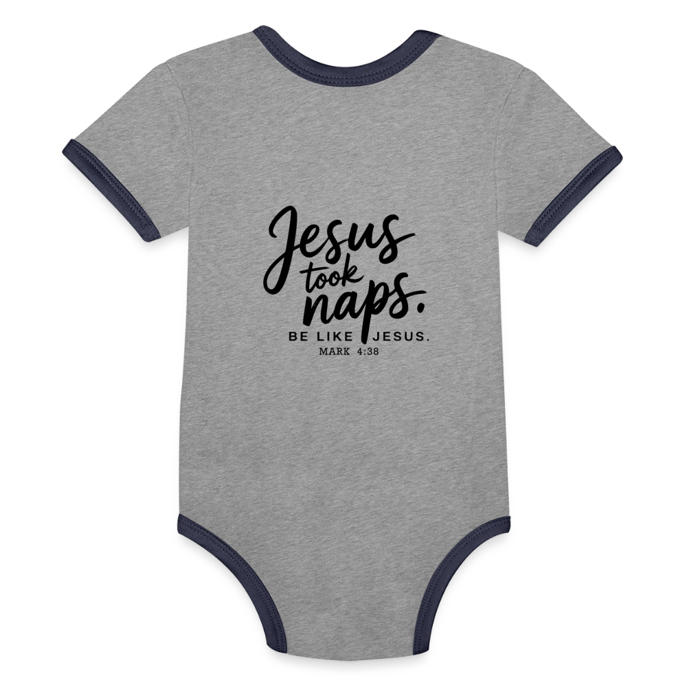 He Took Naps Christian Organic Contrast Short Sleeve Baby Jumpsuit - ClaimedbyGodDesigns