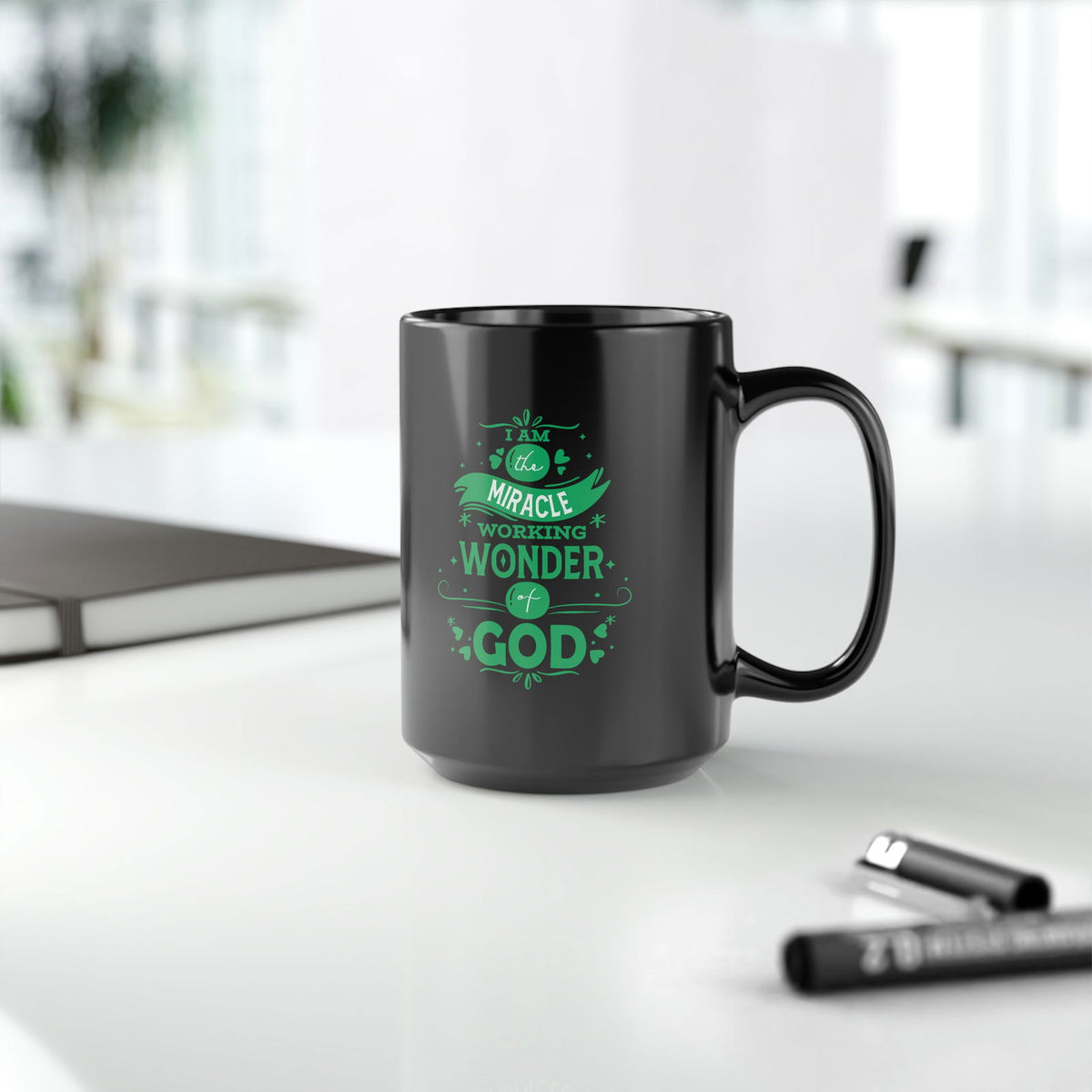 I Am The Miracle Working Wonder Of God Black Ceramic Mug, 15oz (double sided printing) - ClaimedbyGodDesigns
