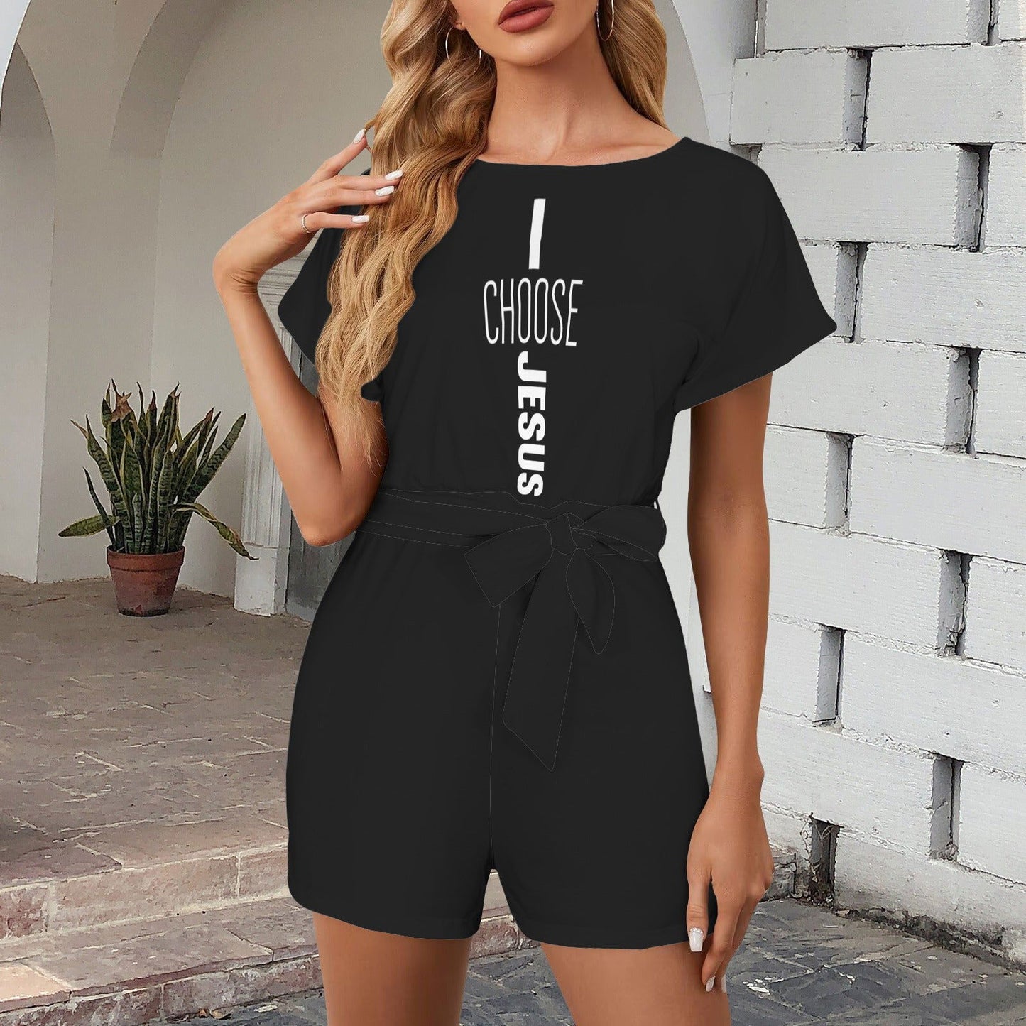 I Choose Jesus Women's Belt Keyhole Back Short Sleeve Christian Romper - ClaimedbyGodDesigns
