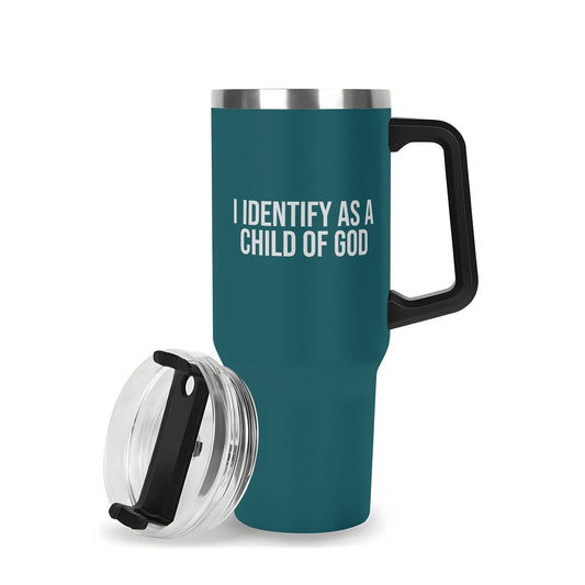 I Identify As A Child Of God 40oz Stainless Steel Christian Tumbler Gift With Black Handle and Straw - ClaimedbyGodDesigns