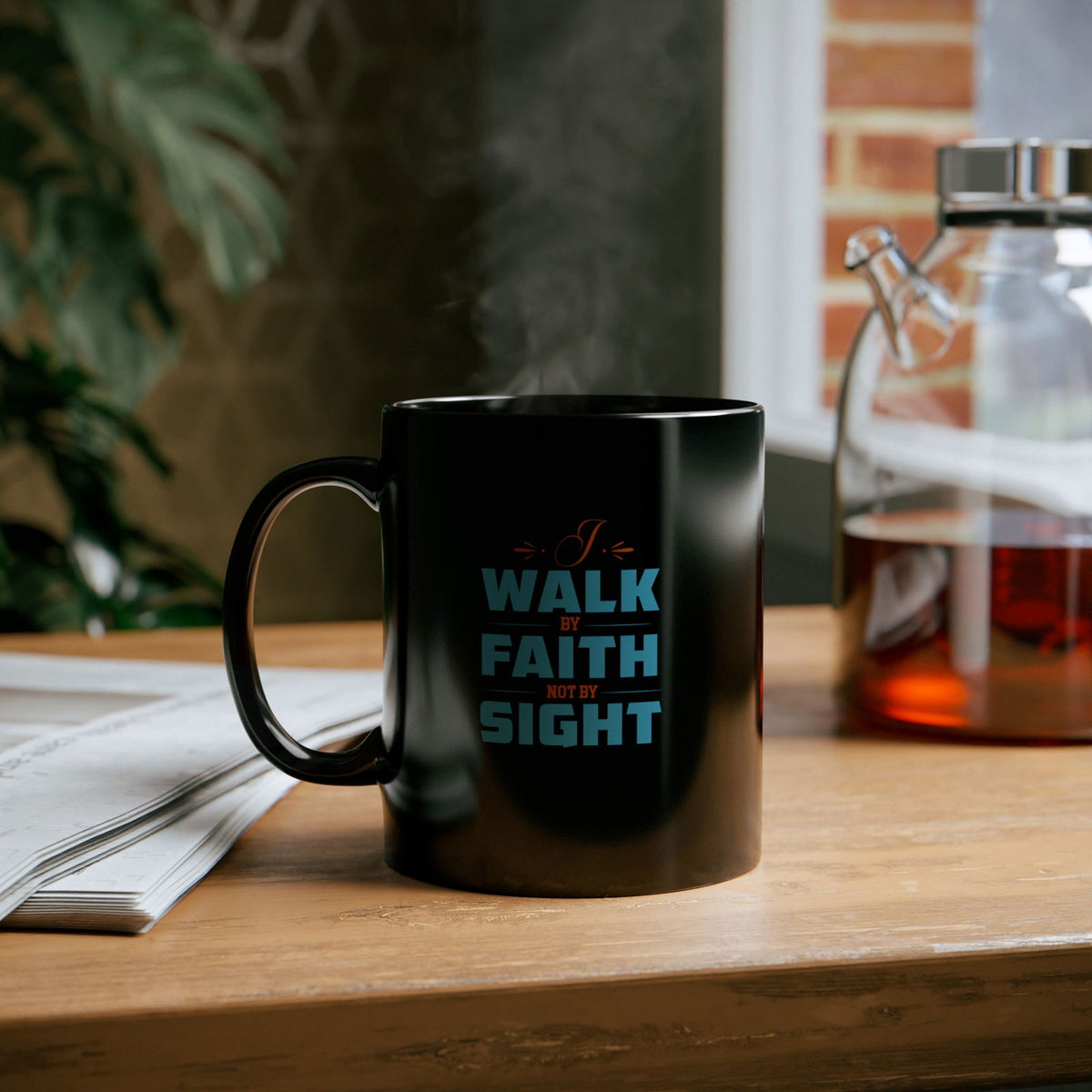 I Walk By Faith Not By Sight Christian Black Ceramic Mug 11oz (double sided print) - ClaimedbyGodDesigns