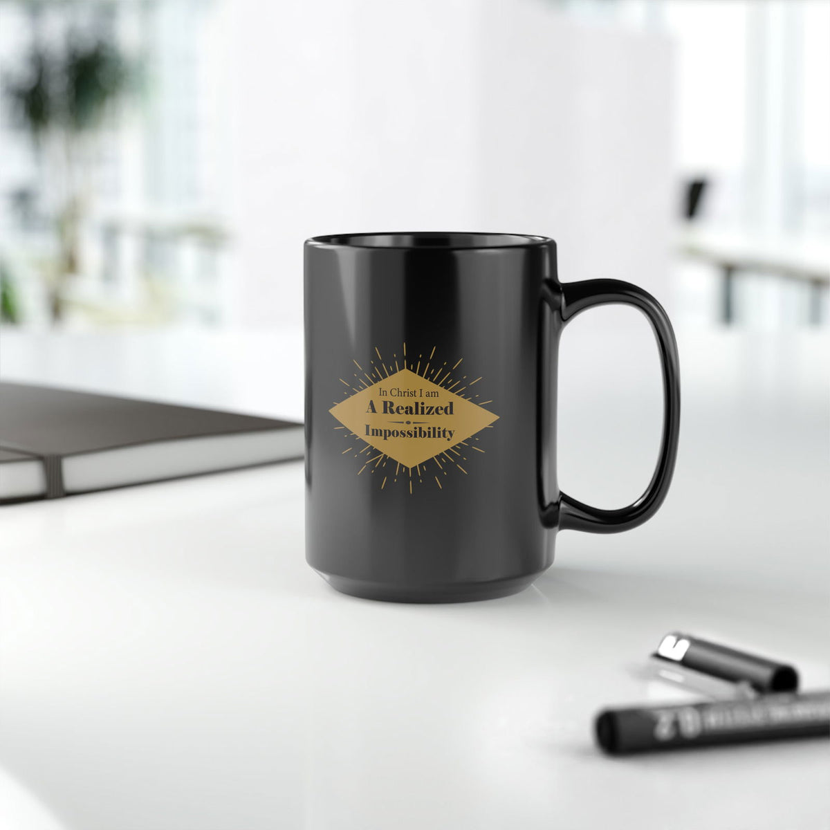 In Christ I Am A Realized Impossibility Black Ceramic Mug, 15oz - ClaimedbyGodDesigns