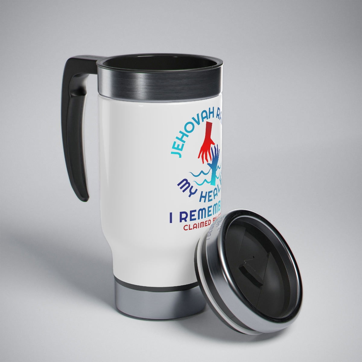 Jehovah Rapha My Healer I Remember Stainless Steel Travel Mug with Handle, 14oz - ClaimedbyGodDesigns