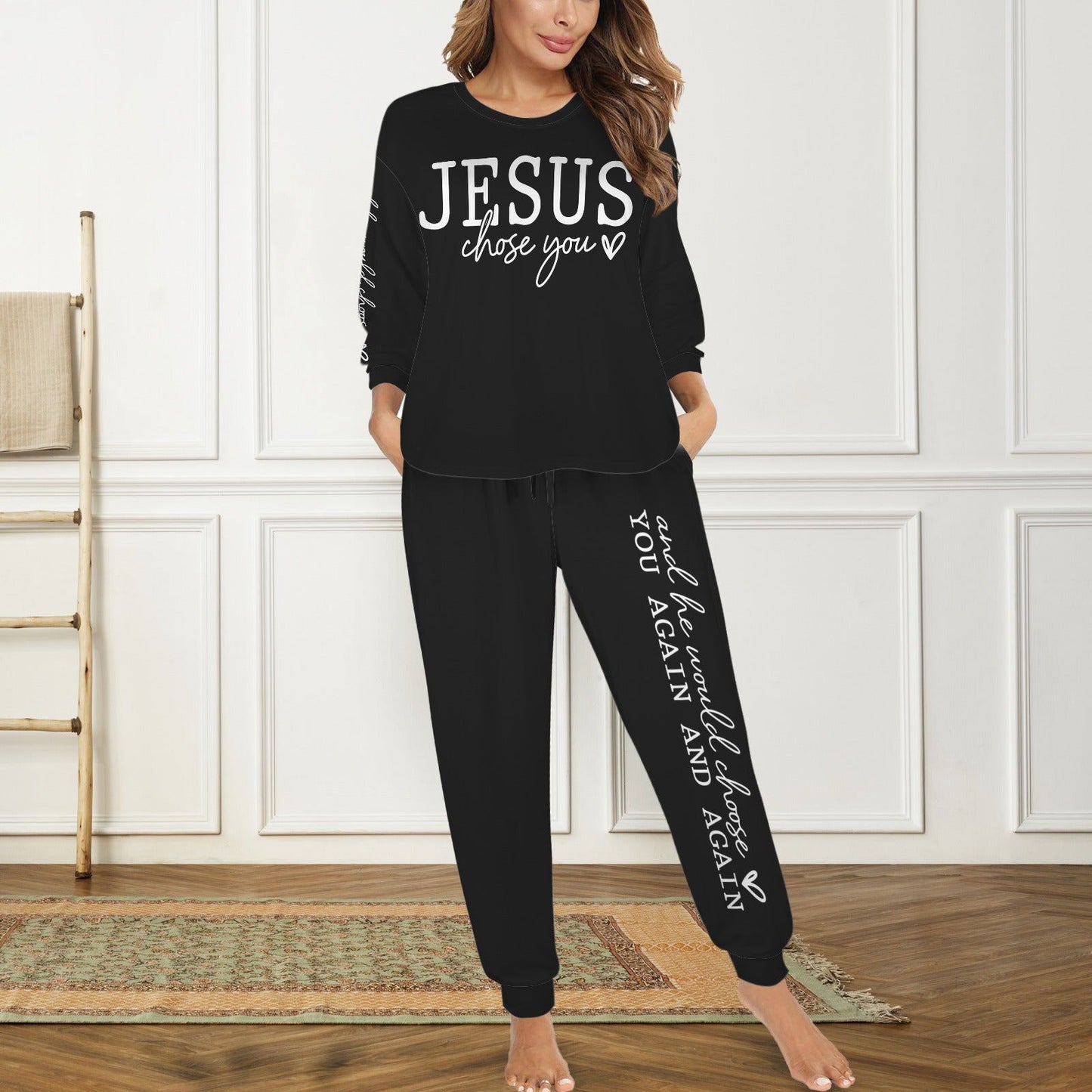 Jesus Chose You Christian Women's Leg Binding Pocket Long Pajama Set - ClaimedbyGodDesigns