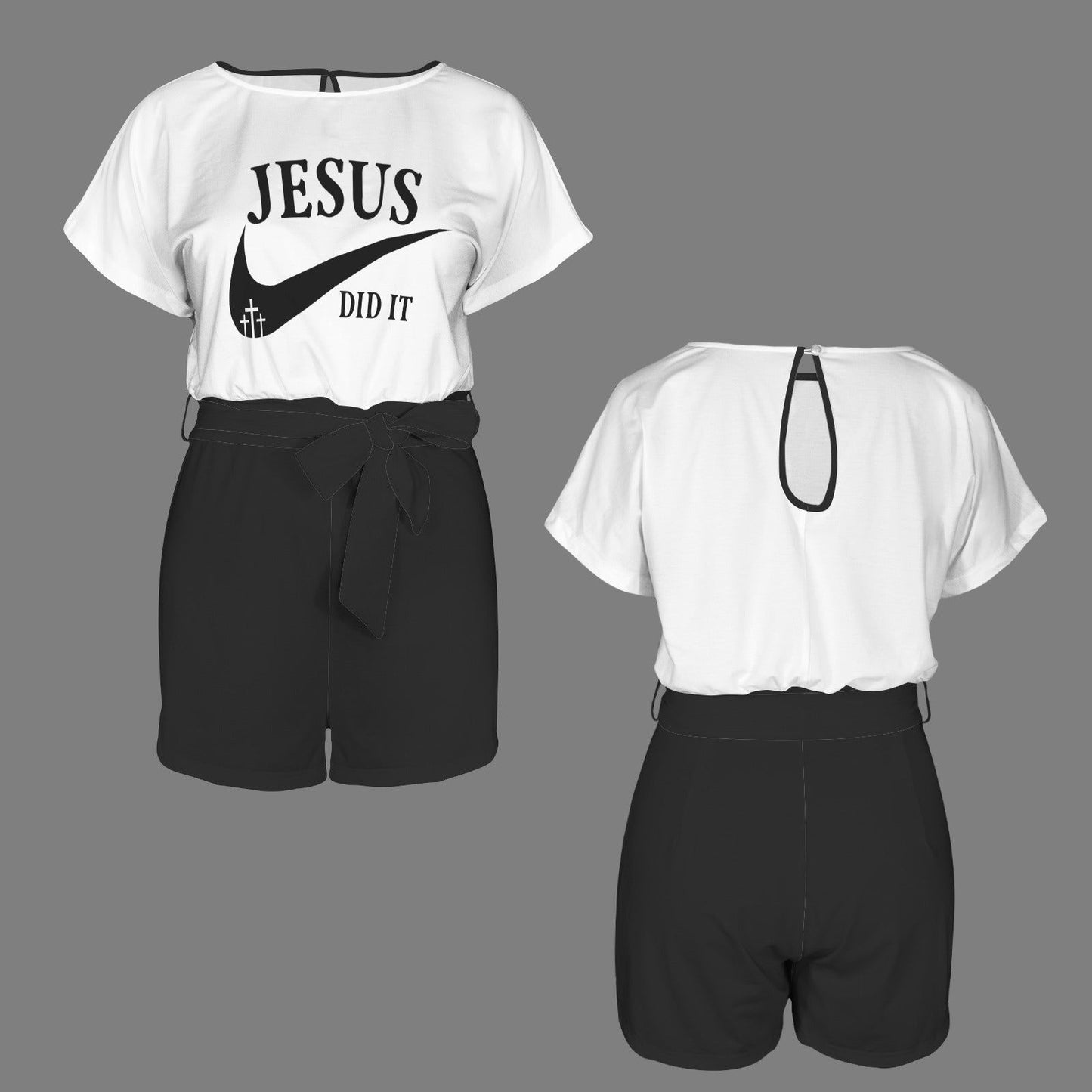 Jesus Did It (Like Nike) Christian Women's Belt Keyhole Back Short Sleeve Romper - ClaimedbyGodDesigns