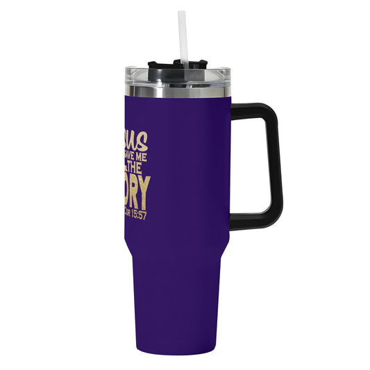 Jesus Gave Me The Victory 40oz Stainless Steel Christian Tumbler Gift With Black Handle and Straw - ClaimedbyGodDesigns