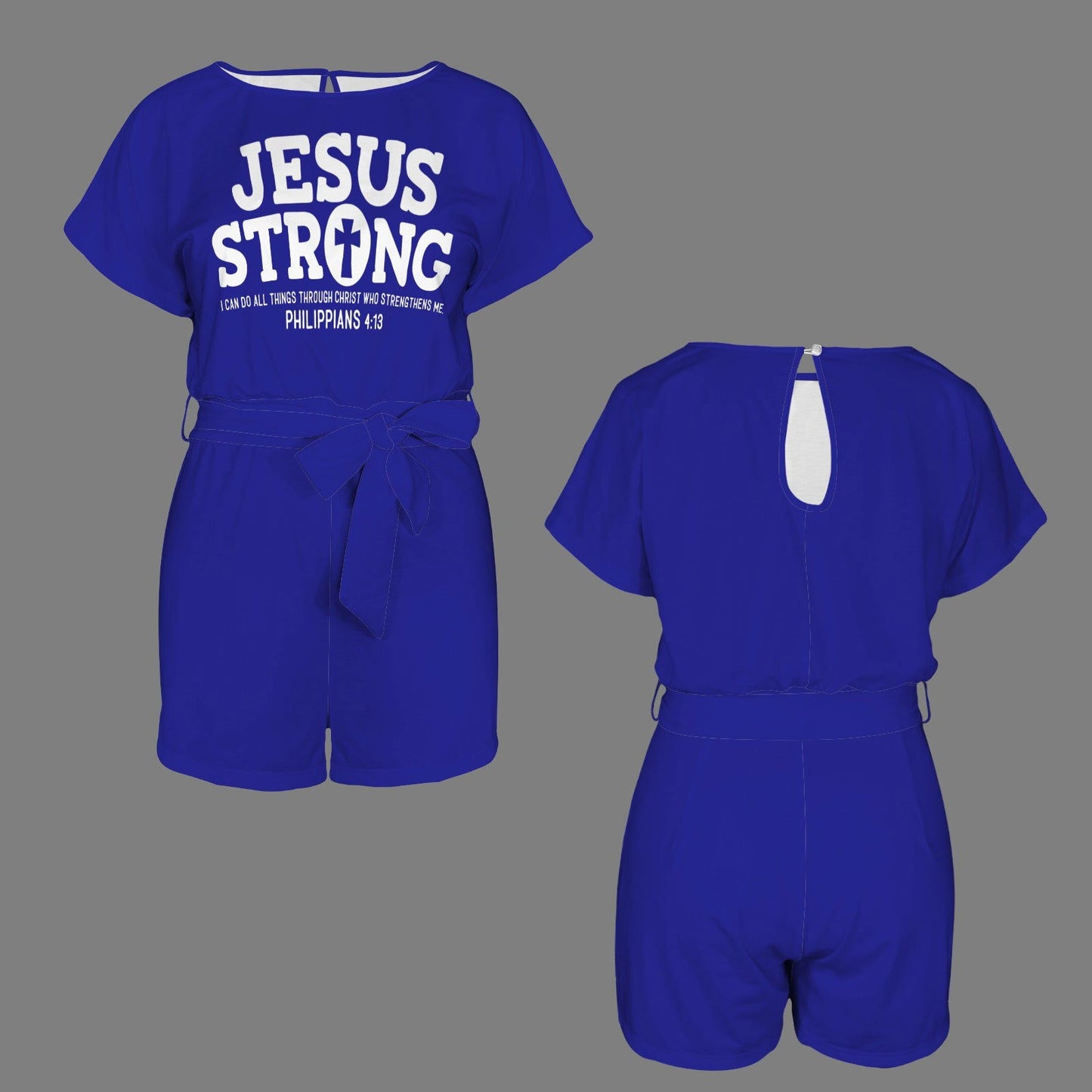 Jesus Strong Christian Women's Belt Keyhole Back Short Sleeve Romper - ClaimedbyGodDesigns