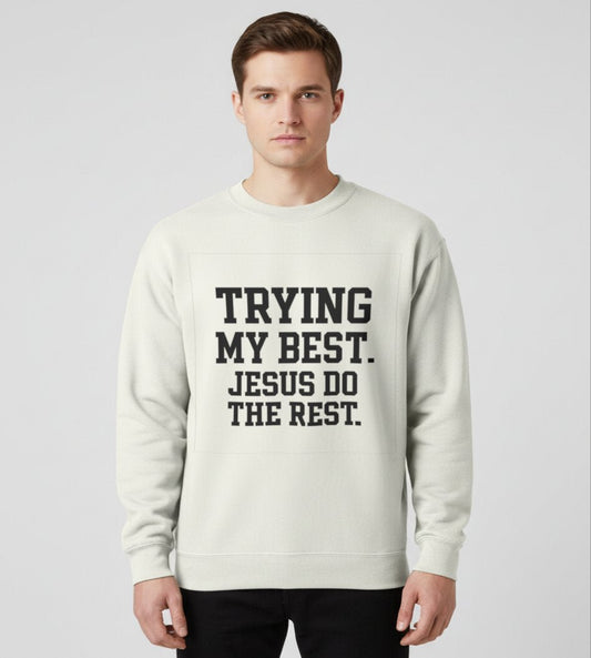 Jesus, I’m Trying – Christian Starter Gift Set | Sweatshirt, Mug & Candle for Strength, Encouragement & Faith - ClaimedbyGodDesigns