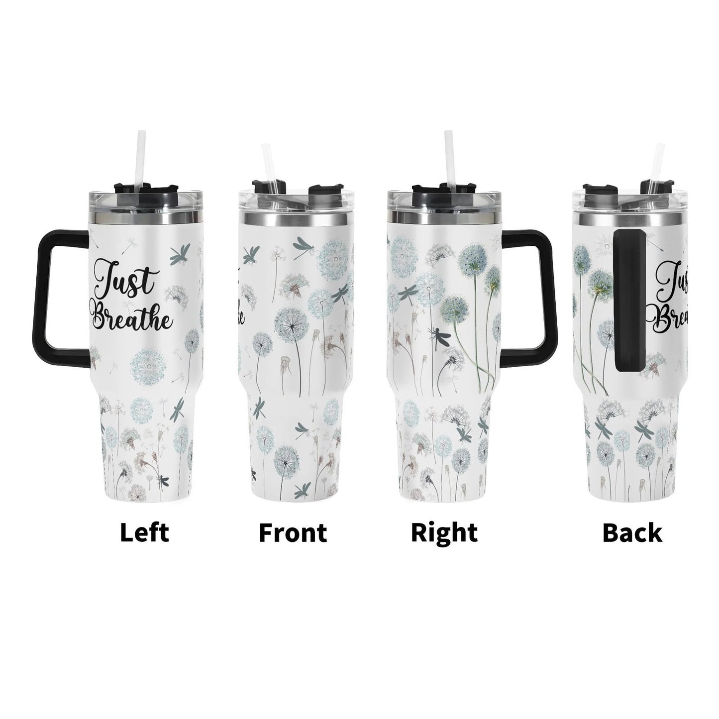 Just Breathe 40oz Stainless Steel Christian Tumbler Gift With Black Handle and Straw - ClaimedbyGodDesigns