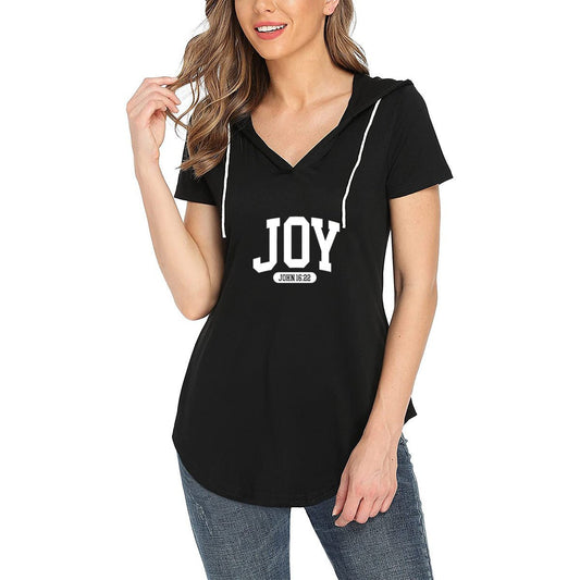 Joy Women's Christian Workout Gym Hoodie T-Shirt | Short Sleeve V-Neck Activewear - ClaimedbyGodDesigns
