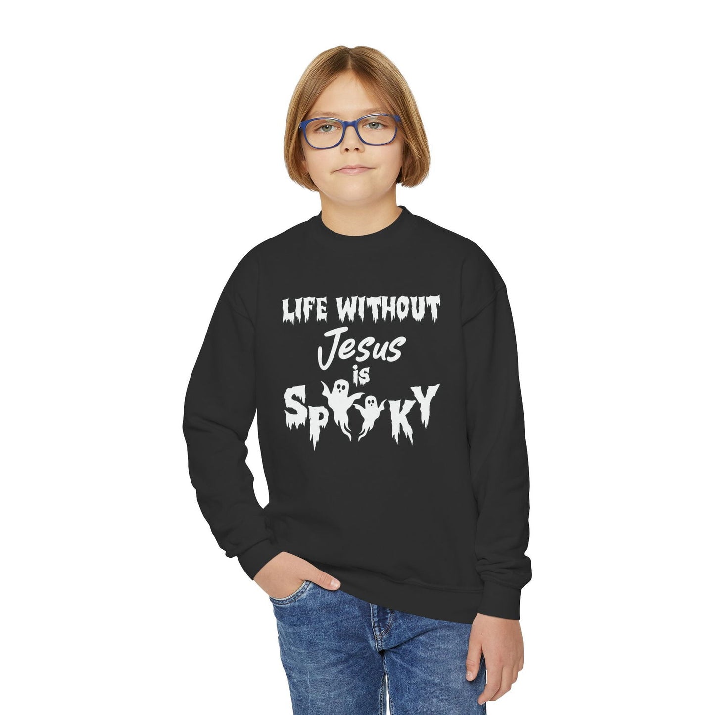 Life Without Jesus Is Spooky Halloween Themed Youth Christian Pullover Sweatshirt - ClaimedbyGodDesigns