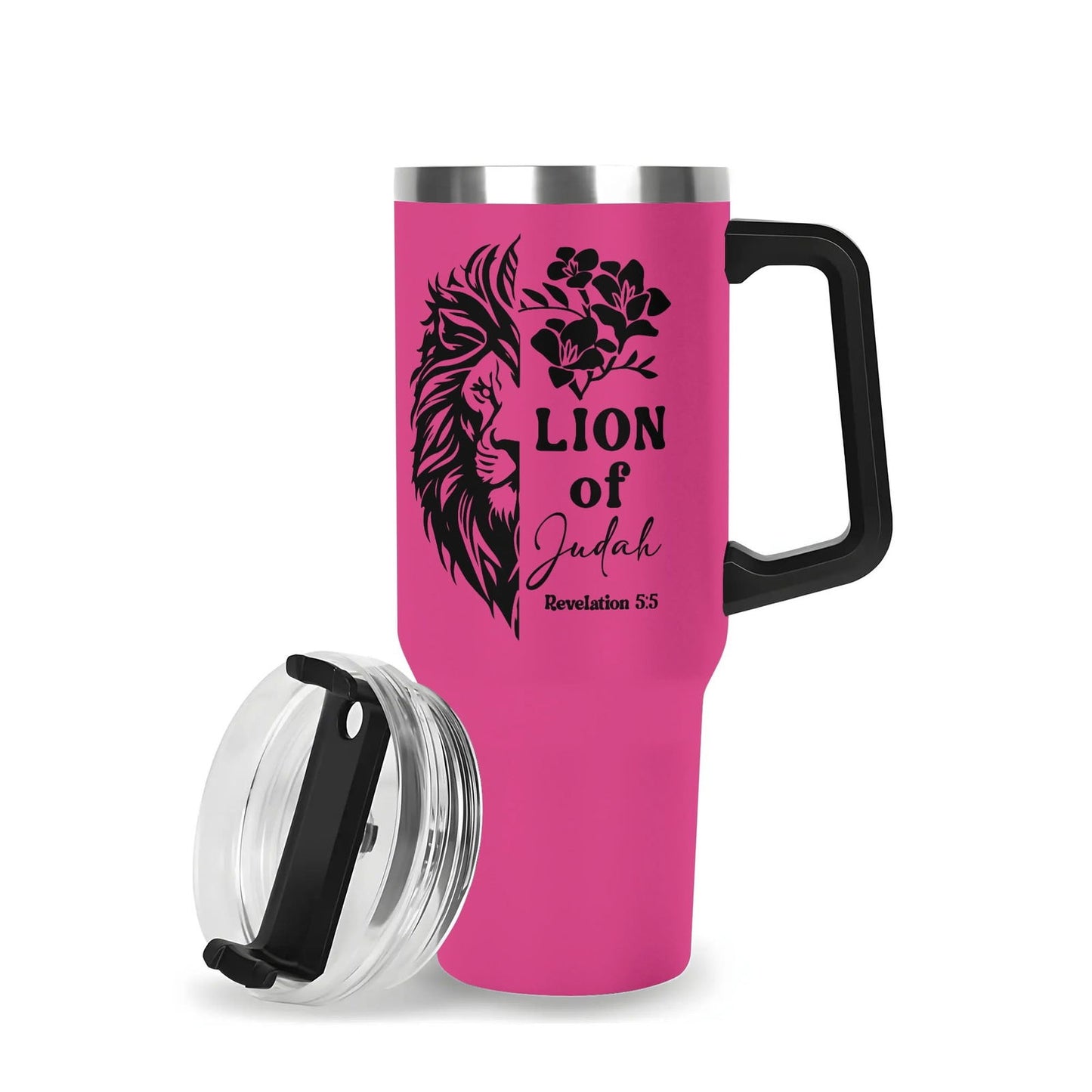 Lion Of Judah 40oz Stainless Steel Christian Tumbler Gift With Black Handle and Straw - ClaimedbyGodDesigns