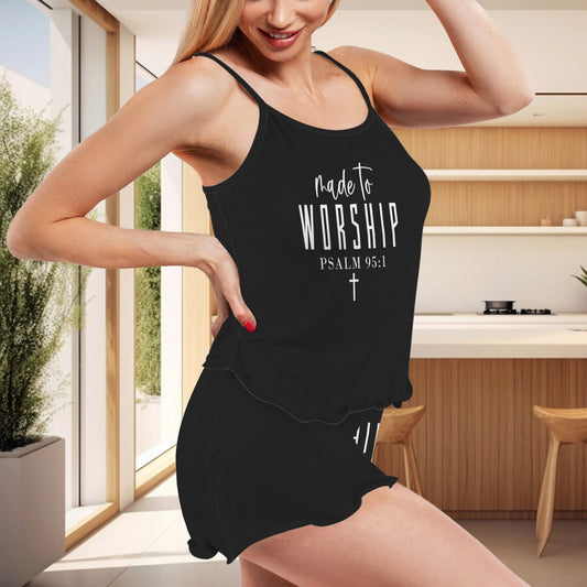 Made To Worship Christian Women's Frill Hem Cami Pajama Sets - ClaimedbyGodDesigns