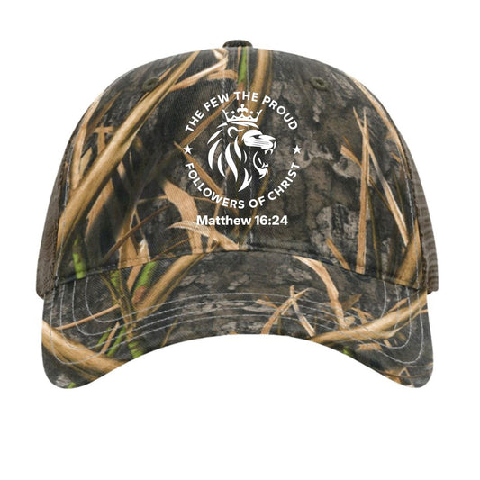 Matthew 16:24 The Few The Proud Followers Of Christ Adult Christian Camo Hat - ClaimedbyGodDesigns