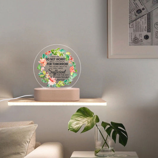 Matthew 6:34 Do Not Worry About Tomorrow Christian Acrylic Round Lamp Night Light Christian Gift Idea - ClaimedbyGodDesigns