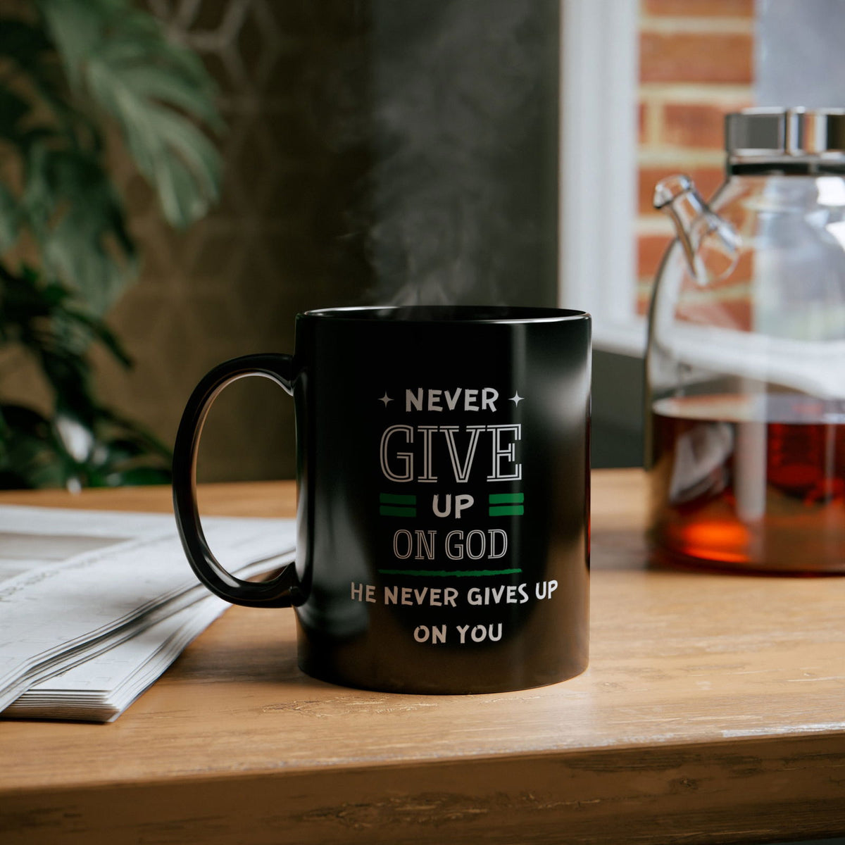 Never Give Up On God He Never Gives Up On You Black Ceramic Mug 11oz (double sided printing) - ClaimedbyGodDesigns