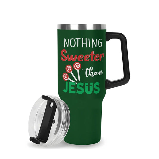 Nothing Sweeter Than Jesus (Christmas Themed) 40oz Stainless Steel Christian Tumbler Gift With Black Handle and Straw - ClaimedbyGodDesigns