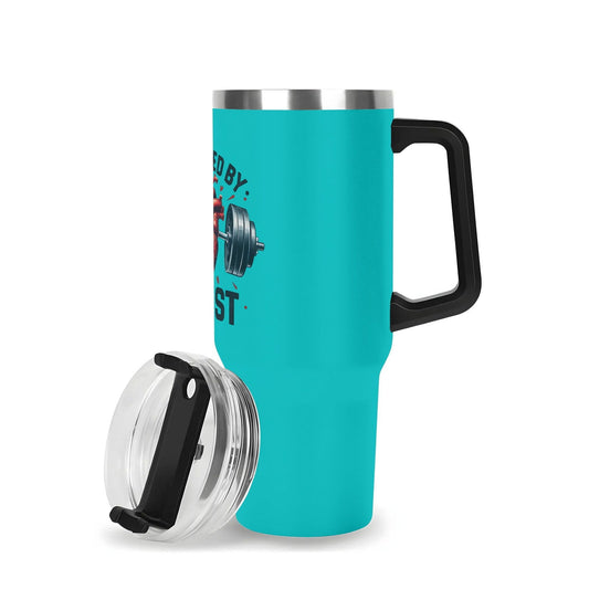 Powered By Christ 40oz Stainless Steel Christian Tumbler Gift With Black Handle and Straw - ClaimedbyGodDesigns