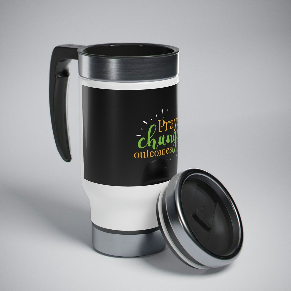 Prayer Changes Outcomes Stainless Steel Travel Mug with Handle, 14oz - ClaimedbyGodDesigns