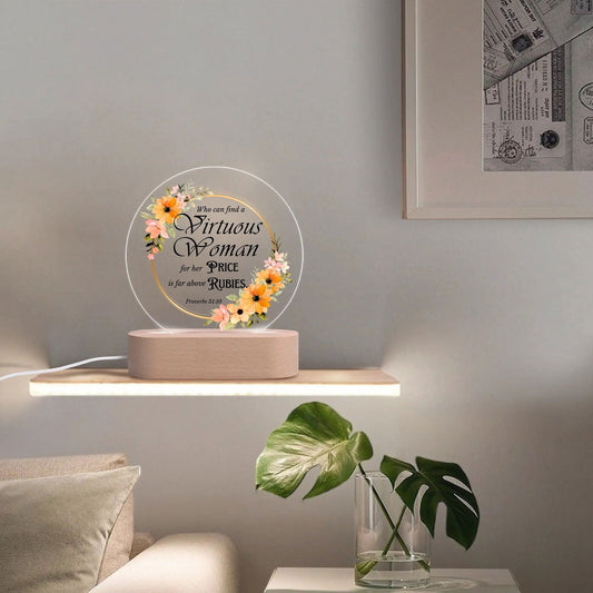 Proverbs 31:10 Virtuous Woman Christian Acrylic Round Lamp Night Light Home Decor - ClaimedbyGodDesigns