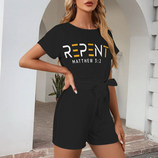 Repent Christian Women's Belt Keyhole Back Short Sleeve Romper - ClaimedbyGodDesigns