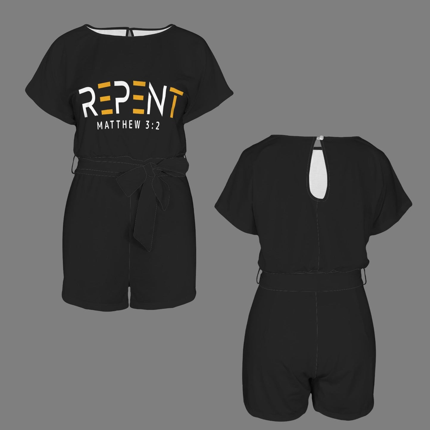 Repent Christian Women's Belt Keyhole Back Short Sleeve Romper - ClaimedbyGodDesigns