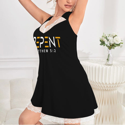 Repent Christian Women's V-Neck Lace Nightdress - ClaimedbyGodDesigns