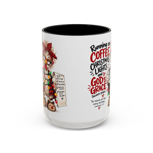 Running on Coffee, Christmas Lights and God’s Grace Christmas Mug - Claimed by God Designs