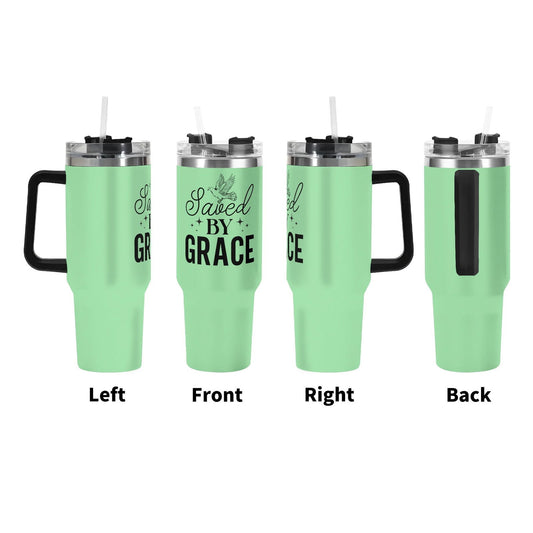 Saved By Grace 40oz Stainless Steel Christian Tumbler Gift With Black Handle and Straw - ClaimedbyGodDesigns