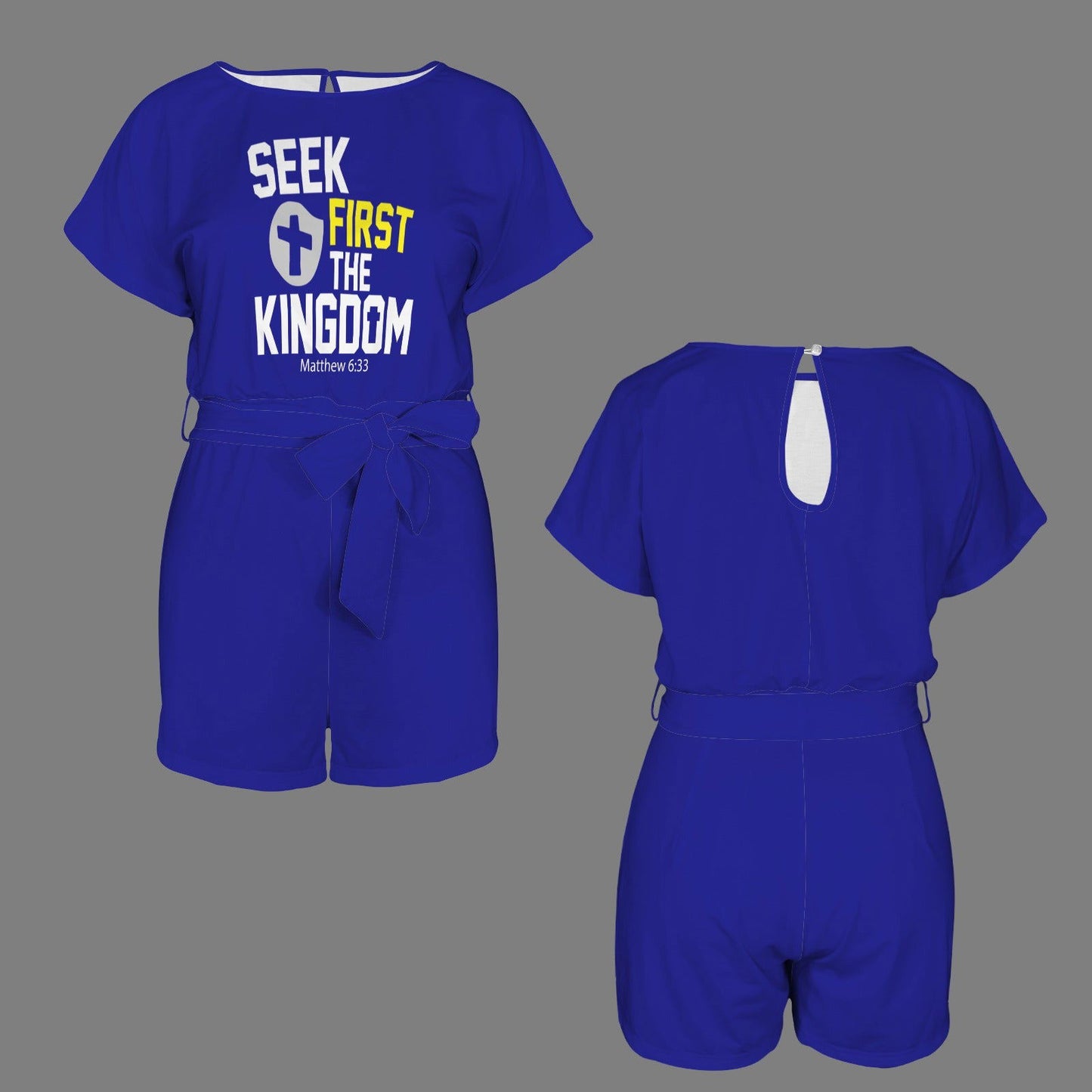 Seek First The Kingdom Christian Women's Belt Keyhole Back Short Sleeve Christian Romper - ClaimedbyGodDesigns