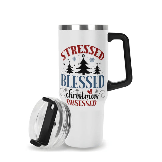 Stressed Blessed And Christmas Obsessed (Christmas Themed) 40oz Stainless Steel Christian Tumbler Gift With Black Handle and Straw - ClaimedbyGodDesigns