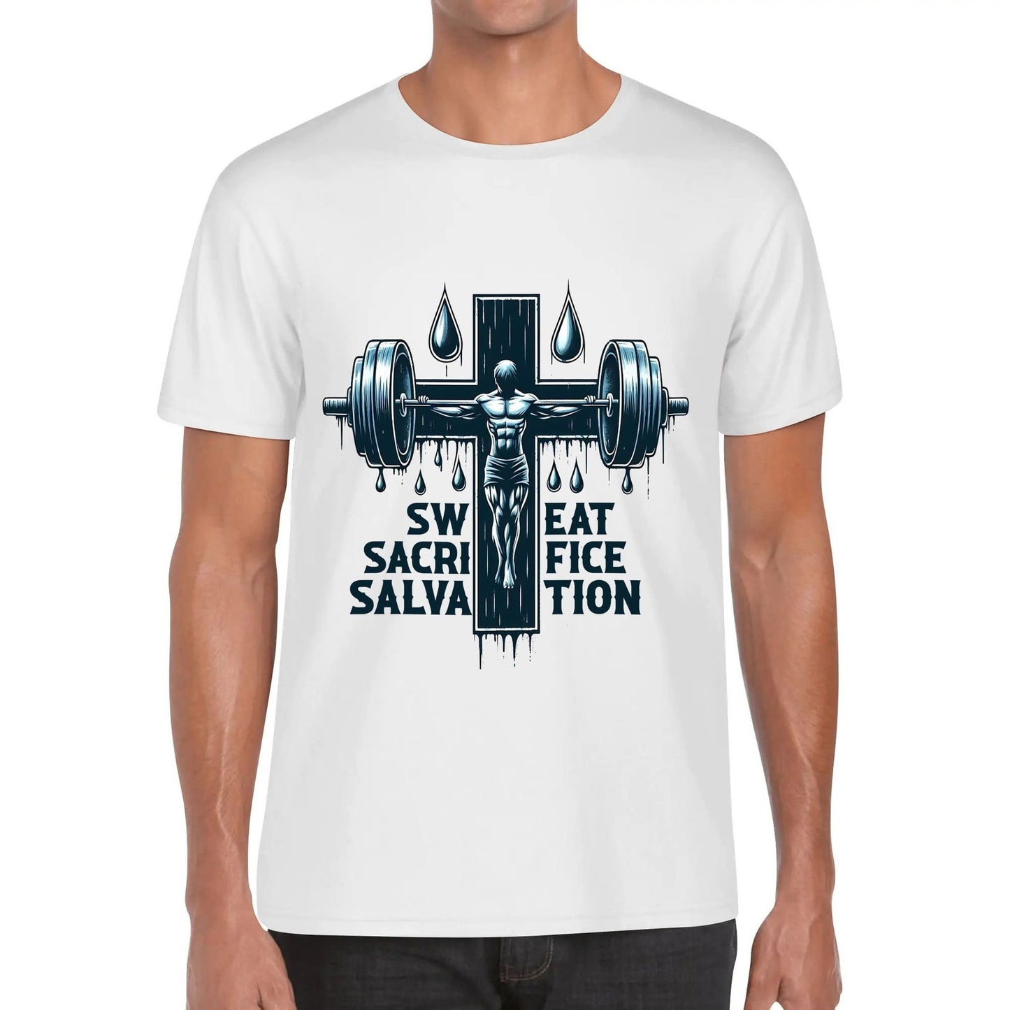 Sweat Sacrifice Salvation Mens Christian Gym T-shirt - ClaimedbyGodDesigns