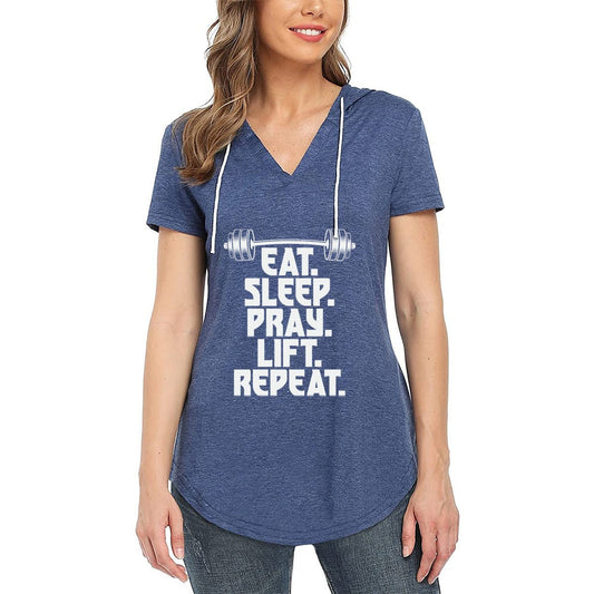 Eat Sleep Pray Lift Repeat - Women's Christian Workout Gym Hoodie T-Shirt | Short Sleeve V-Neck Activewear - ClaimedbyGodDesigns