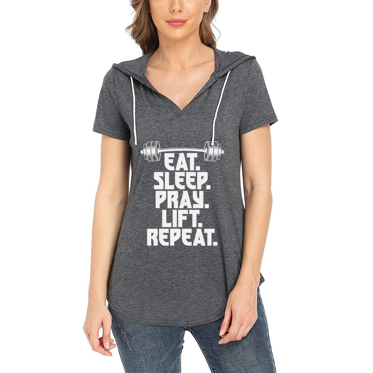 Eat Sleep Pray Lift Repeat - Women's Christian Workout Gym Hoodie T-Shirt | Short Sleeve V-Neck Activewear - ClaimedbyGodDesigns