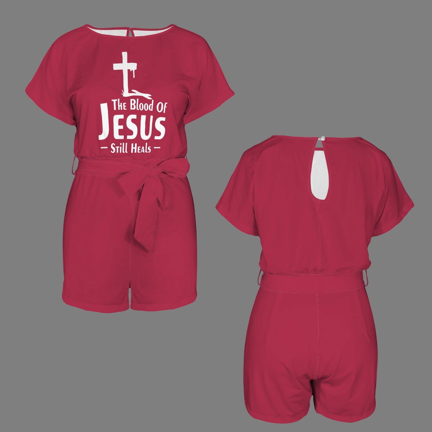 The Blood Of Jesus Still Heals Christian Women's Belt Keyhole Back Short Sleeve Romper - ClaimedbyGodDesigns
