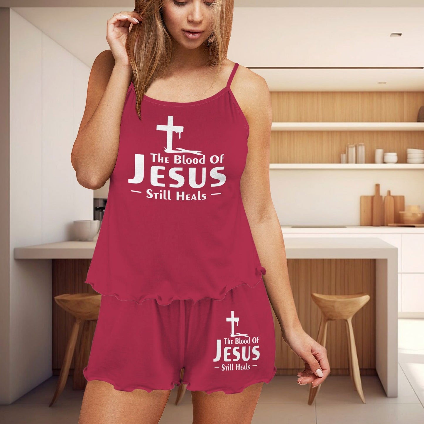 The Blood Of Jesus Still Heals Christian Women's Frill Hem Cami Pajama Set - ClaimedbyGodDesigns