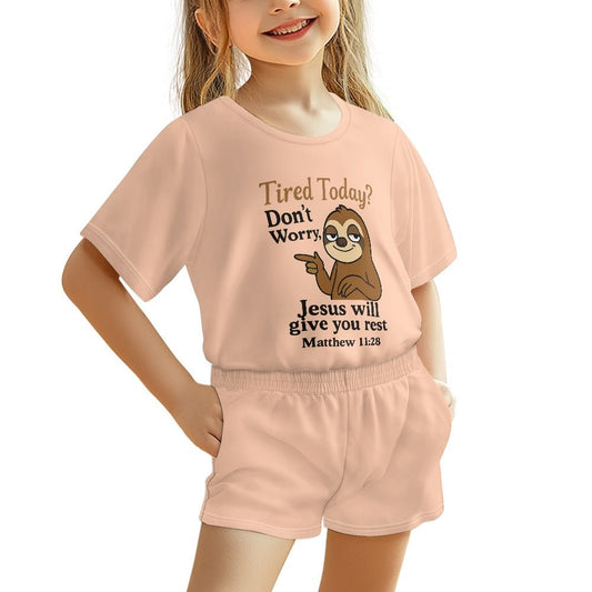 Tired Today He Will Give You Rest Youth Christian short-sleeved pajama set - ClaimedbyGodDesigns