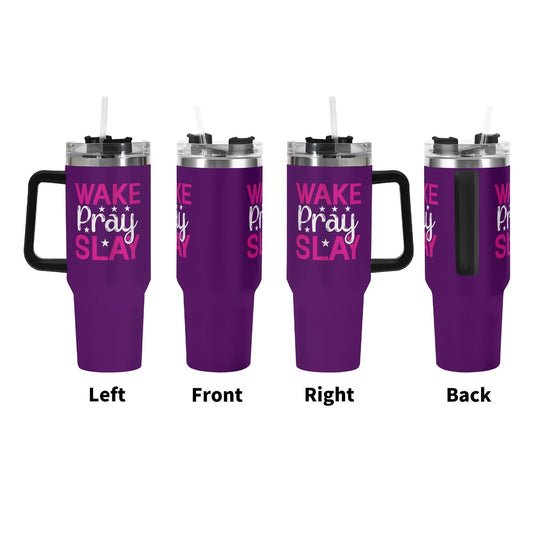 Wake Pray Slay 40oz Stainless Steel Christian Tumbler Gift With Black Handle and Straw - ClaimedbyGodDesigns