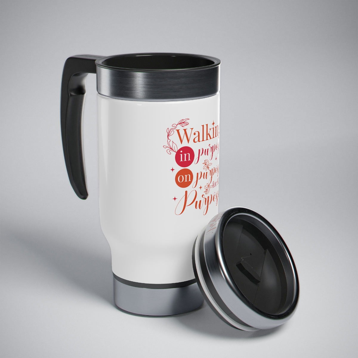 Walking In Purpose On Purpose For His Purpose Stainless Steel Travel Mug with Handle, 14oz - ClaimedbyGodDesigns
