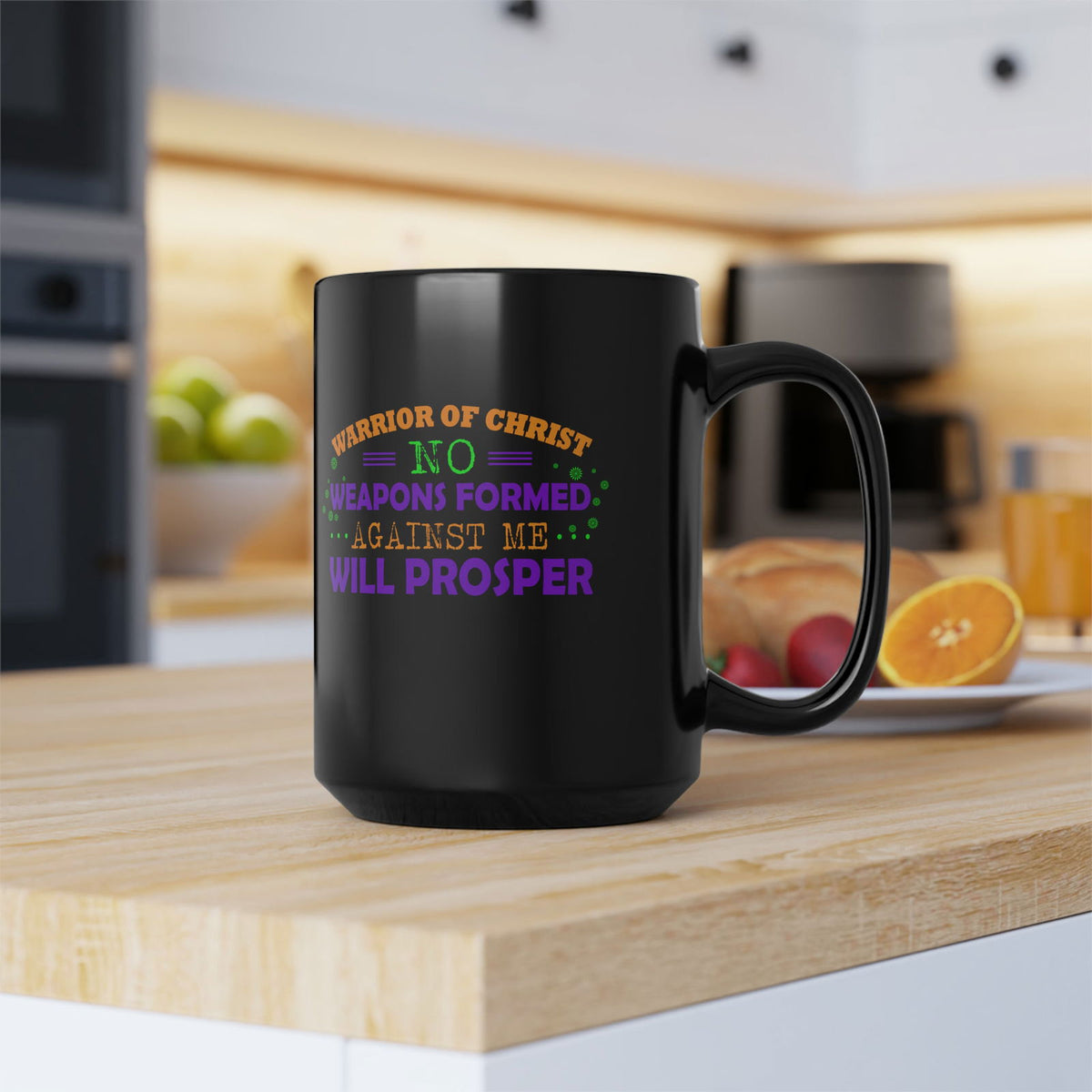 Warrior Of Christ No Weapons Formed Against Me Will Prosper Black Ceramic Mug, 15oz (double sided printing) - ClaimedbyGodDesigns