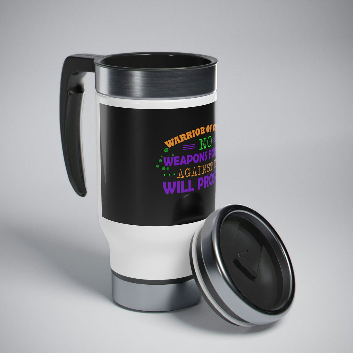 Warrior Of Christ No Weapons Formed Against Me Will Prosper Travel Mug with Handle, 14oz - ClaimedbyGodDesigns