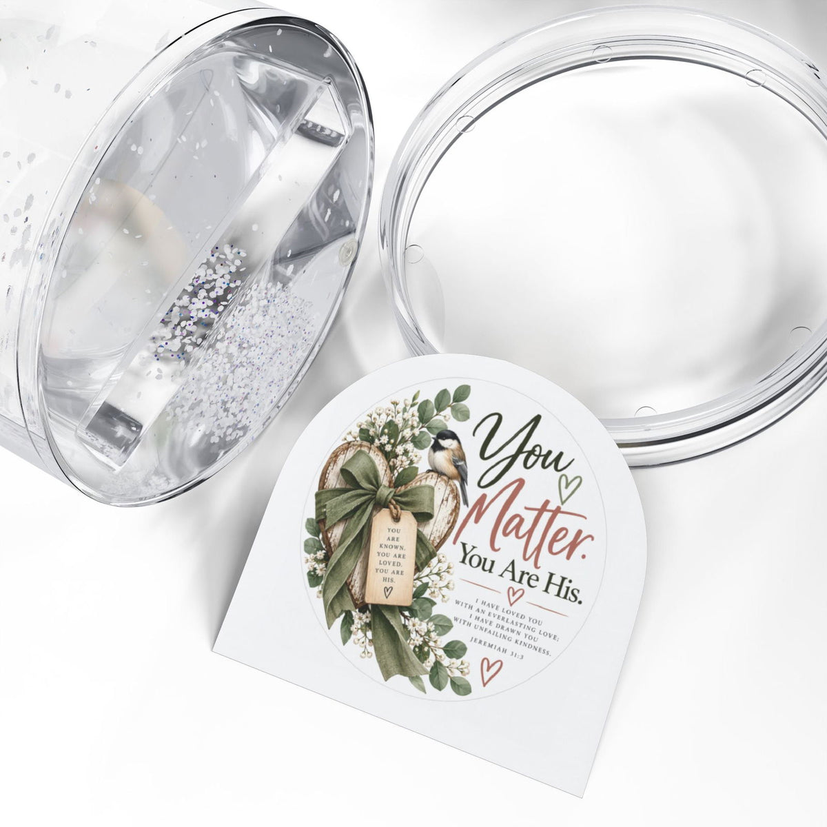 You Matter. You Are His. Jeremiah 31:3 Chickadee Heart Snow Globe Gift - Claimed by God Designs