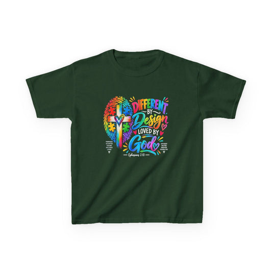 Youth Autism Awareness T-Shirt — "Different by Design, Loved by God" Colorful Cross Tee - Claimed by God Designs