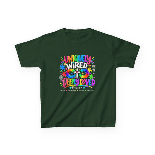 Youth Autism Awareness T-Shirt — "Uniquely Wired, Deeply Loved" Colorful Autism Pride Tee - Claimed by God Designs