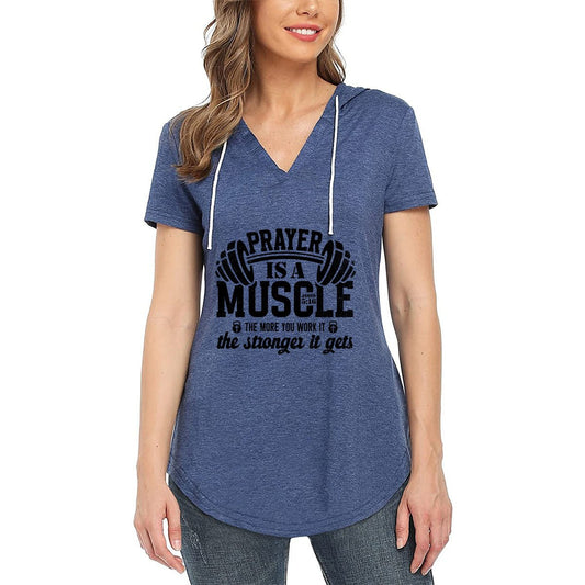 Prayer Is a Muscle - Women's Christian Short Sleeve V-Neck Gym Hoodie T-Shirt | Inspirational Activewear - ClaimedbyGodDesigns