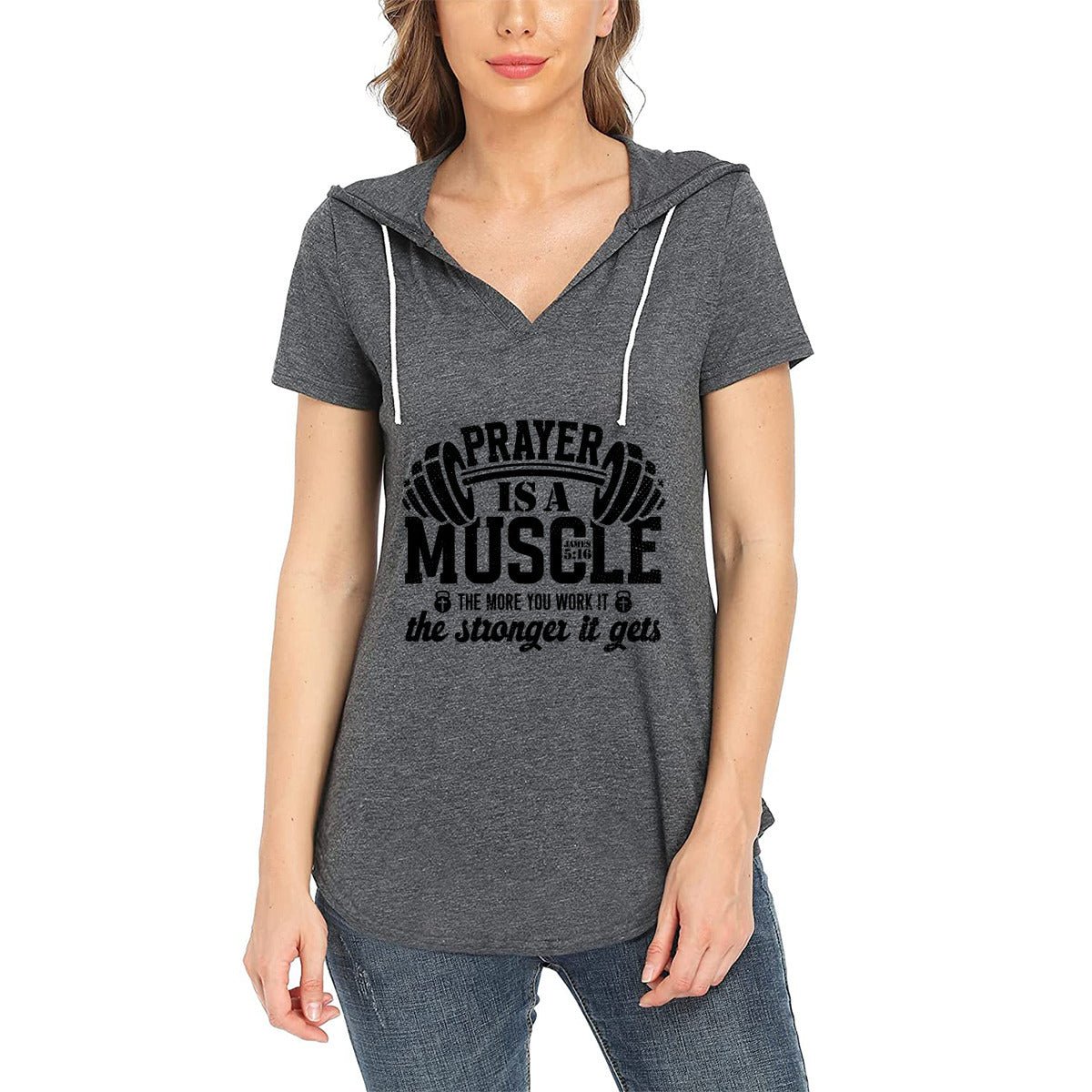 Prayer Is a Muscle - Women's Christian Short Sleeve V-Neck Gym Hoodie T-Shirt | Inspirational Activewear - ClaimedbyGodDesigns