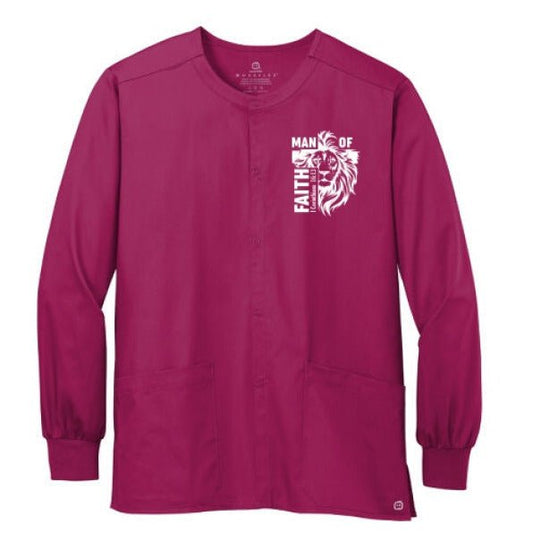 Man Of Faith Men's Christian WorkFlex Snap - Front Scrub Jacket – Comfortable, Durable, and Professional Workwear - ClaimedbyGodDesigns