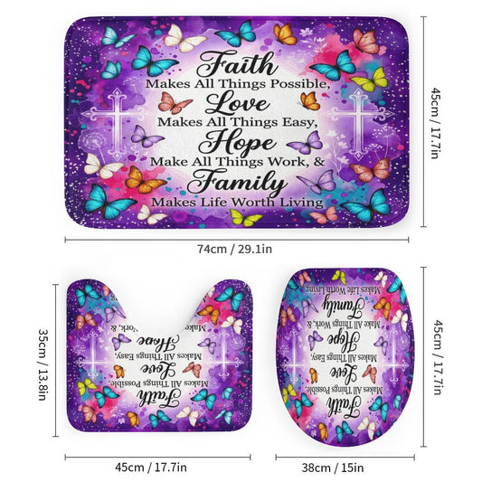 Faith Love Hope Family Christian Shower Curtain Set with a bath rug, a contour rug and a toilet lid - ClaimedbyGodDesigns